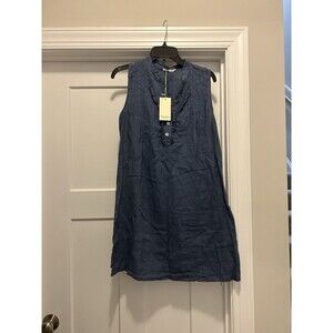 New Alessia Pacini Italian Linen Shift Dress Blue V-neck Size XS Classic Summer